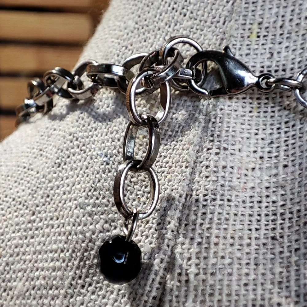Silver Tone Ball Chain Asymmetrical Black Glass Oil Slick Big Bell Cap Necklace